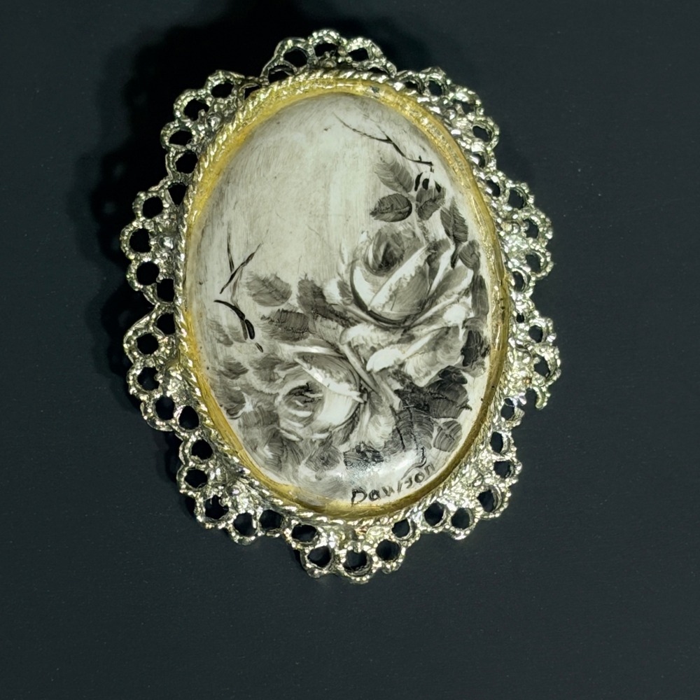 Signed Vtg Hand Painted Porcelain Rose Brooch Pendant Silver Tone Filigree - Picture 2 of 14